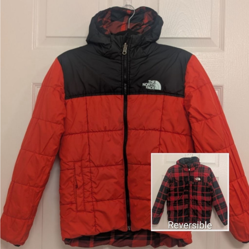 Boys The North Face Reversible Puffer Hooded Jacket L 14/16 Red Black Plaid